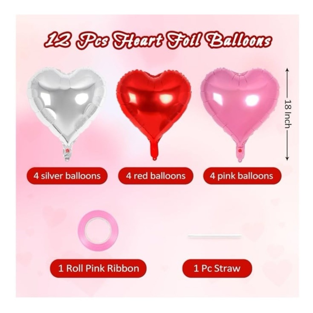 12 Pcs Heart Balloons - 18 Inch Foil Hearts in Red, Pink & Silver - Love Balloon